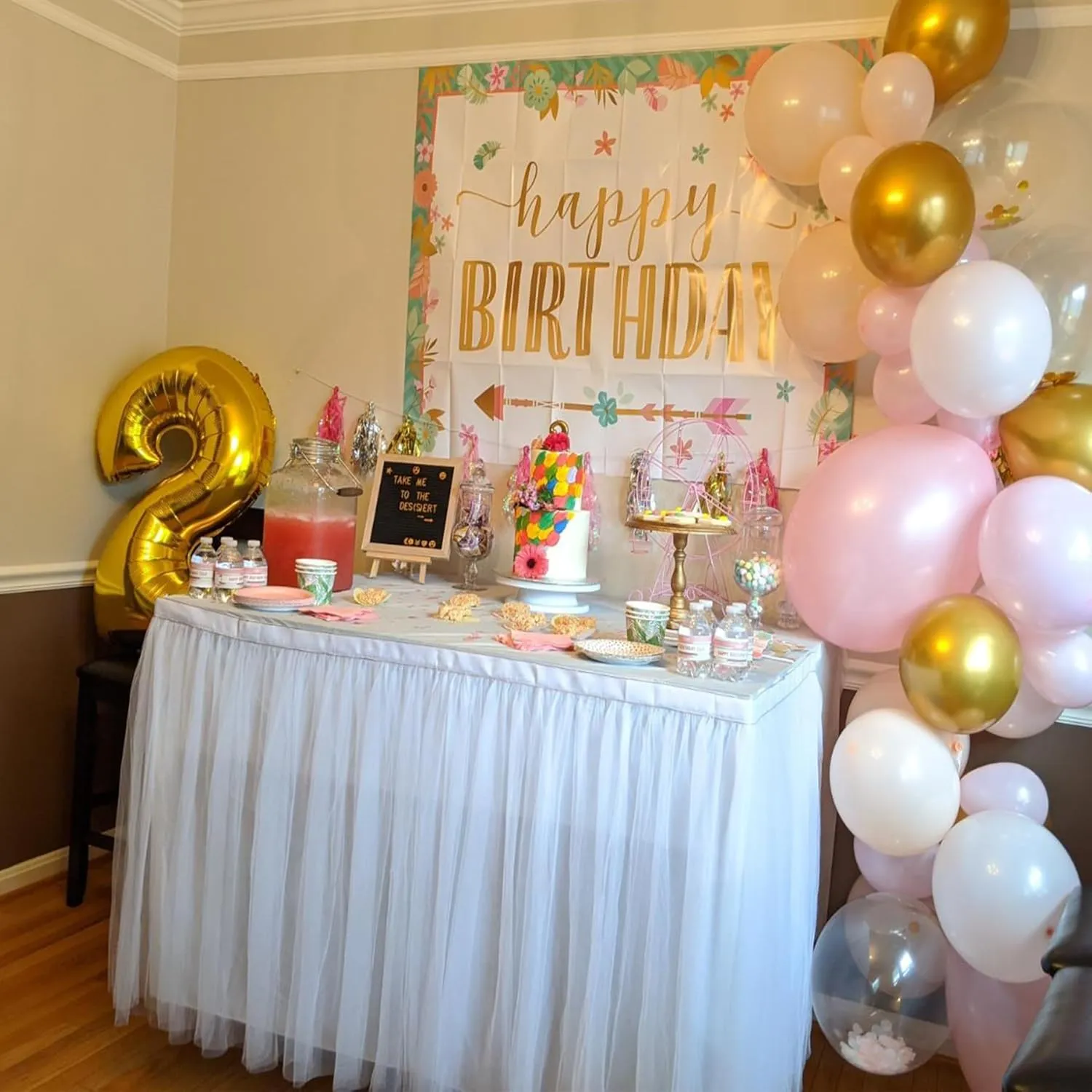 204in White Tulle Table Skirts for Rectangle Tables 6ft 8ft, 2-Layer Gold Grim Ruffle Tulle Tutu Cloth Table Skirt 17ft Long for Wedding Birthday Party Baby Shower Cake Dessert Tables(No Table Cover)