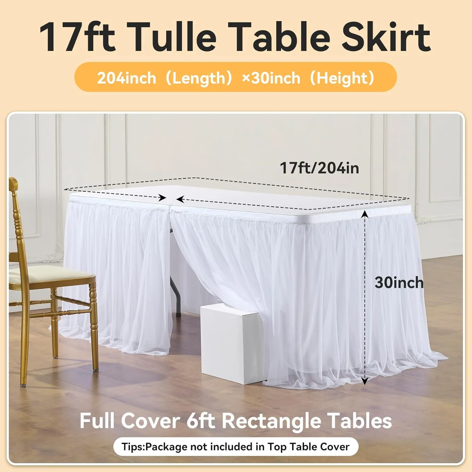 204in White Tulle Table Skirts for Rectangle Tables 6ft 8ft, 2-Layer Gold Grim Ruffle Tulle Tutu Cloth Table Skirt 17ft Long for Wedding Birthday Party Baby Shower Cake Dessert Tables(No Table Cover)
