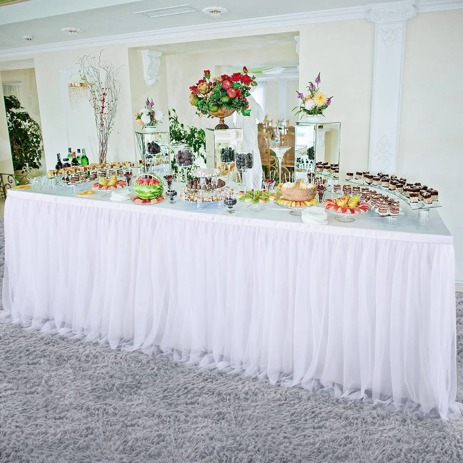 204in White Tulle Table Skirts for Rectangle Tables 6ft 8ft, 2-Layer Gold Grim Ruffle Tulle Tutu Cloth Table Skirt 17ft Long for Wedding Birthday Party Baby Shower Cake Dessert Tables(No Table Cover)