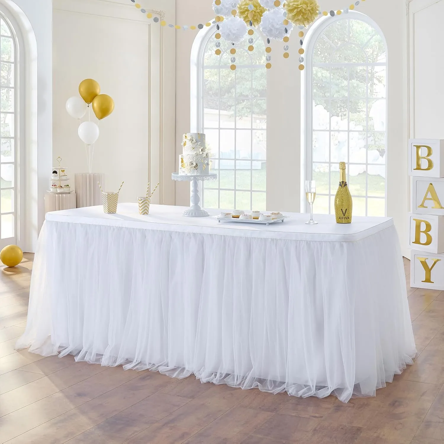 204in White Tulle Table Skirts for Rectangle Tables 6ft 8ft, 2-Layer Gold Grim Ruffle Tulle Tutu Cloth Table Skirt 17ft Long for Wedding Birthday Party Baby Shower Cake Dessert Tables(No Table Cover)