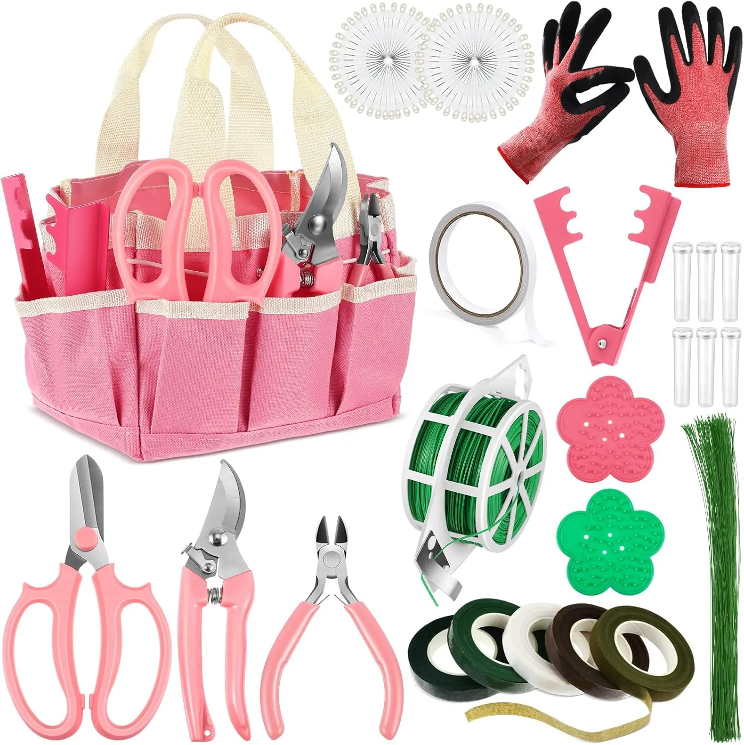 207 Pcs Flower Arrangement Supplies Florist Garden Tool Gift Kit for Women Mother's Day Include Pink Tool Bag Thorn Remover Rose Stripper Outdoor Hand Tools Stem Pruning Shear Gloves Stem Wire Etc