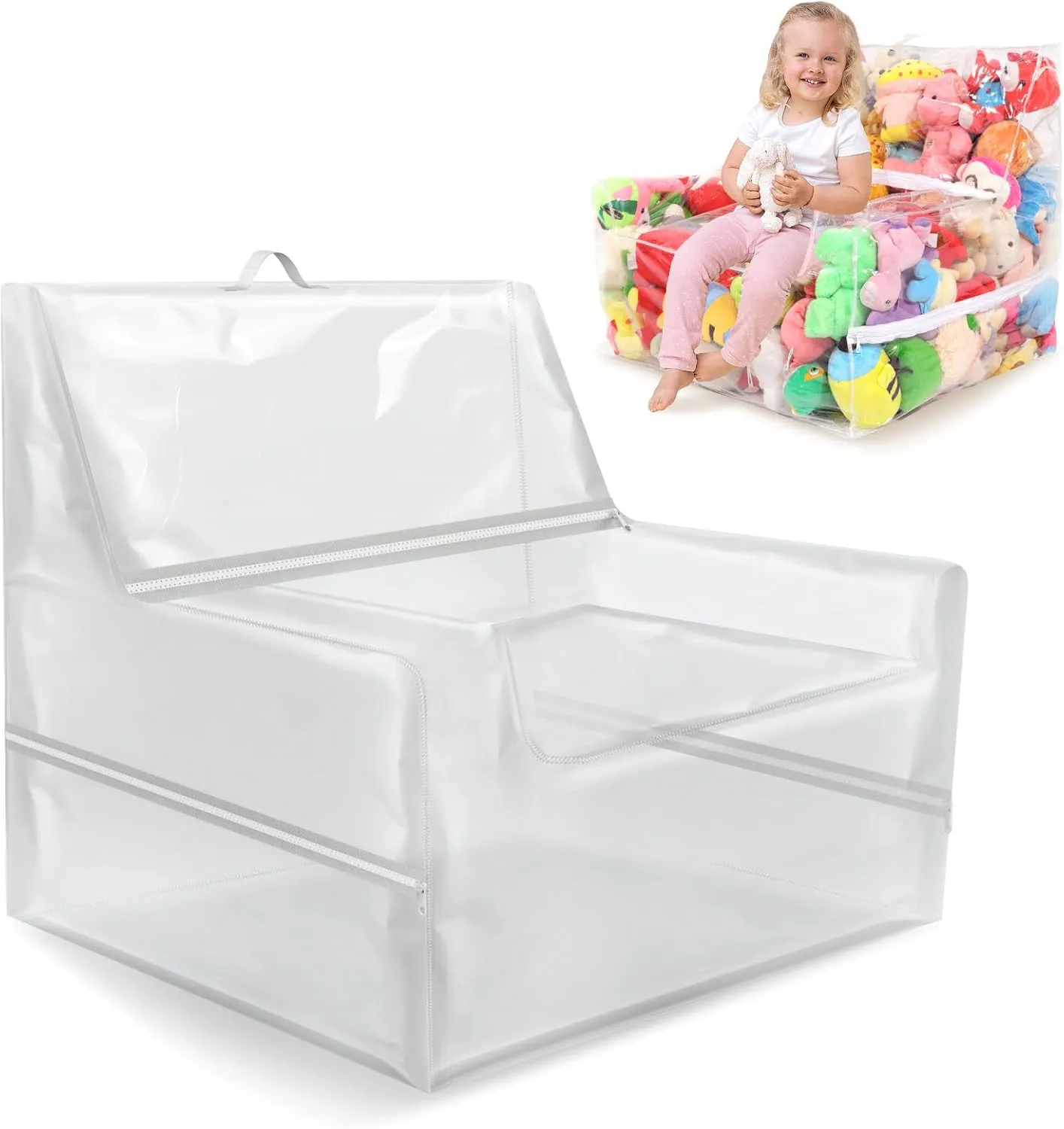 25-inch Clear Bean Bag Chair Cover (No Filler) for Stuffed Animal Storage, 3 Hidden Zippers Toy Organizer, Transparent Material, Plush Storage Toys DIY
