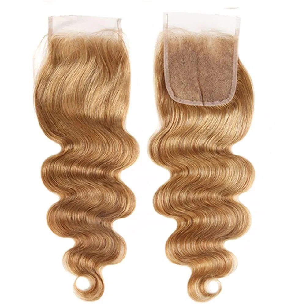 #27 Honey Blonde Lace Closure 4X4 HDTransparent Lace Front 16 Inch Brazilian Virgin Hair Free Part Pre Plucked 100% Blonde Body Wave Lace Closure Human Hair Extensions