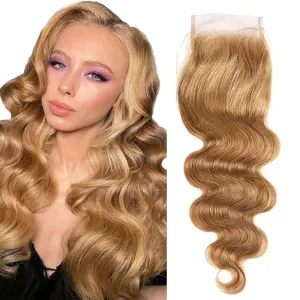 #27 Honey Blonde Lace Closure 4X4 HDTransparent Lace Front 16 Inch Brazilian Virgin Hair Free Part Pre Plucked 100% Blonde Body Wave Lace Closure Human Hair Extensions