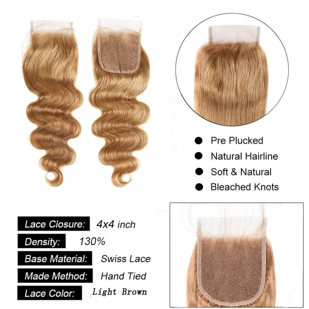 #27 Honey Blonde Lace Closure 4X4 HDTransparent Lace Front 16 Inch Brazilian Virgin Hair Free Part Pre Plucked 100% Blonde Body Wave Lace Closure Human Hair Extensions