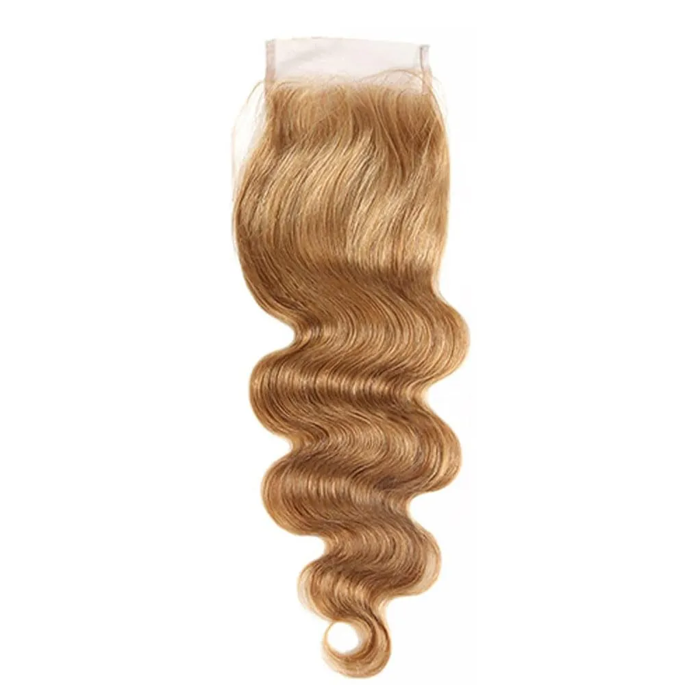 #27 Honey Blonde Lace Closure 4X4 HDTransparent Lace Front 16 Inch Brazilian Virgin Hair Free Part Pre Plucked 100% Blonde Body Wave Lace Closure Human Hair Extensions