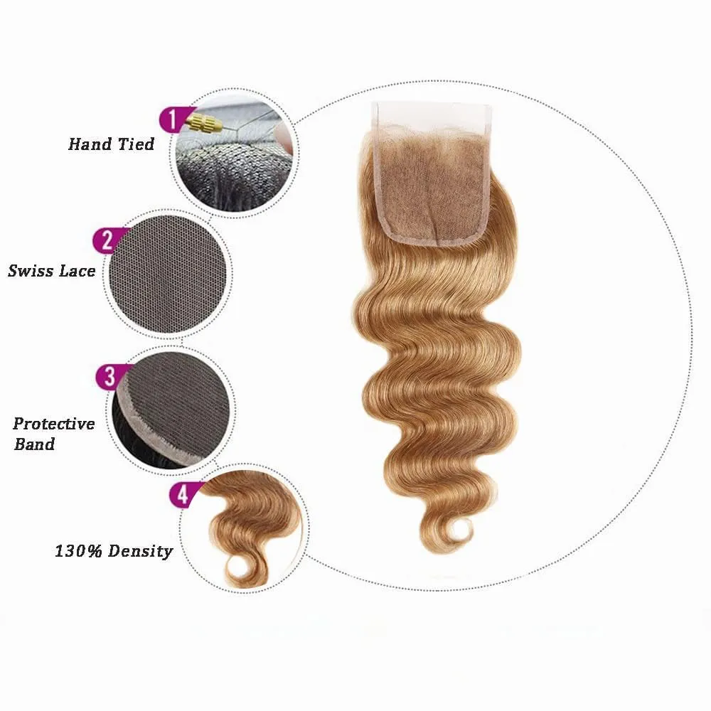 #27 Honey Blonde Lace Closure 4X4 HDTransparent Lace Front 16 Inch Brazilian Virgin Hair Free Part Pre Plucked 100% Blonde Body Wave Lace Closure Human Hair Extensions
