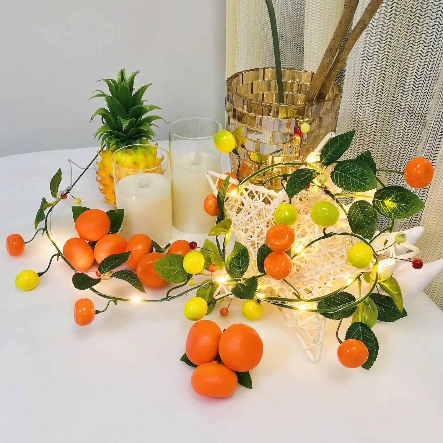 2M 20 LED Tangerine Fairy String Lights Green Leaves Berries Lemon Hanging Plant Vine Garland Battery Powered for Home Garden Wedding Party Christmas Decor (Lemon, 1)