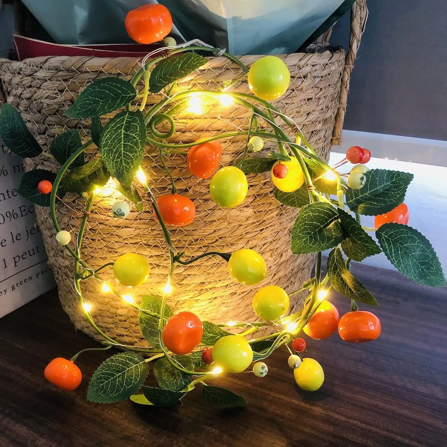 2M 20 LED Tangerine Fairy String Lights Green Leaves Berries Lemon Hanging Plant Vine Garland Battery Powered for Home Garden Wedding Party Christmas Decor (Lemon, 1)