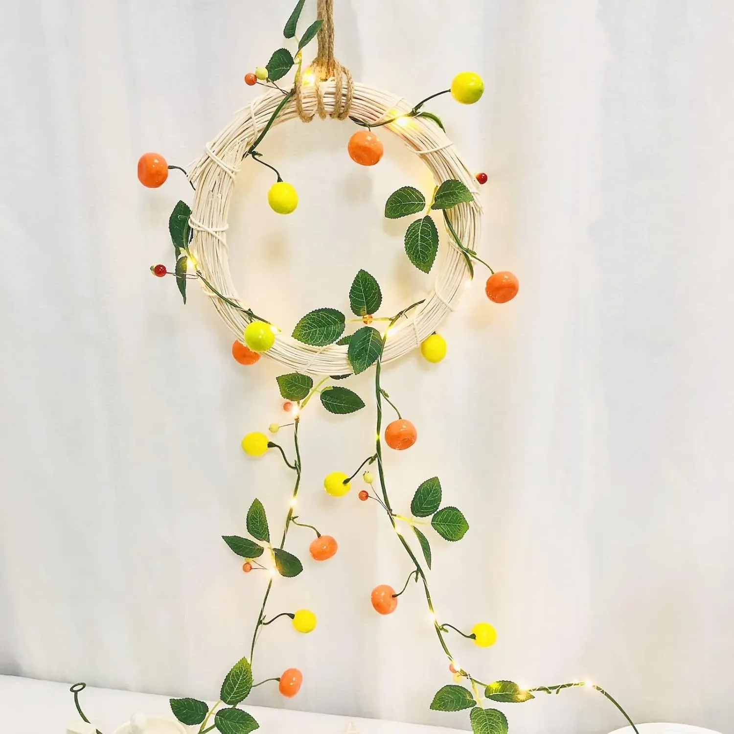 2M 20 LED Tangerine Fairy String Lights Green Leaves Berries Lemon Hanging Plant Vine Garland Battery Powered for Home Garden Wedding Party Christmas Decor (Lemon, 1)