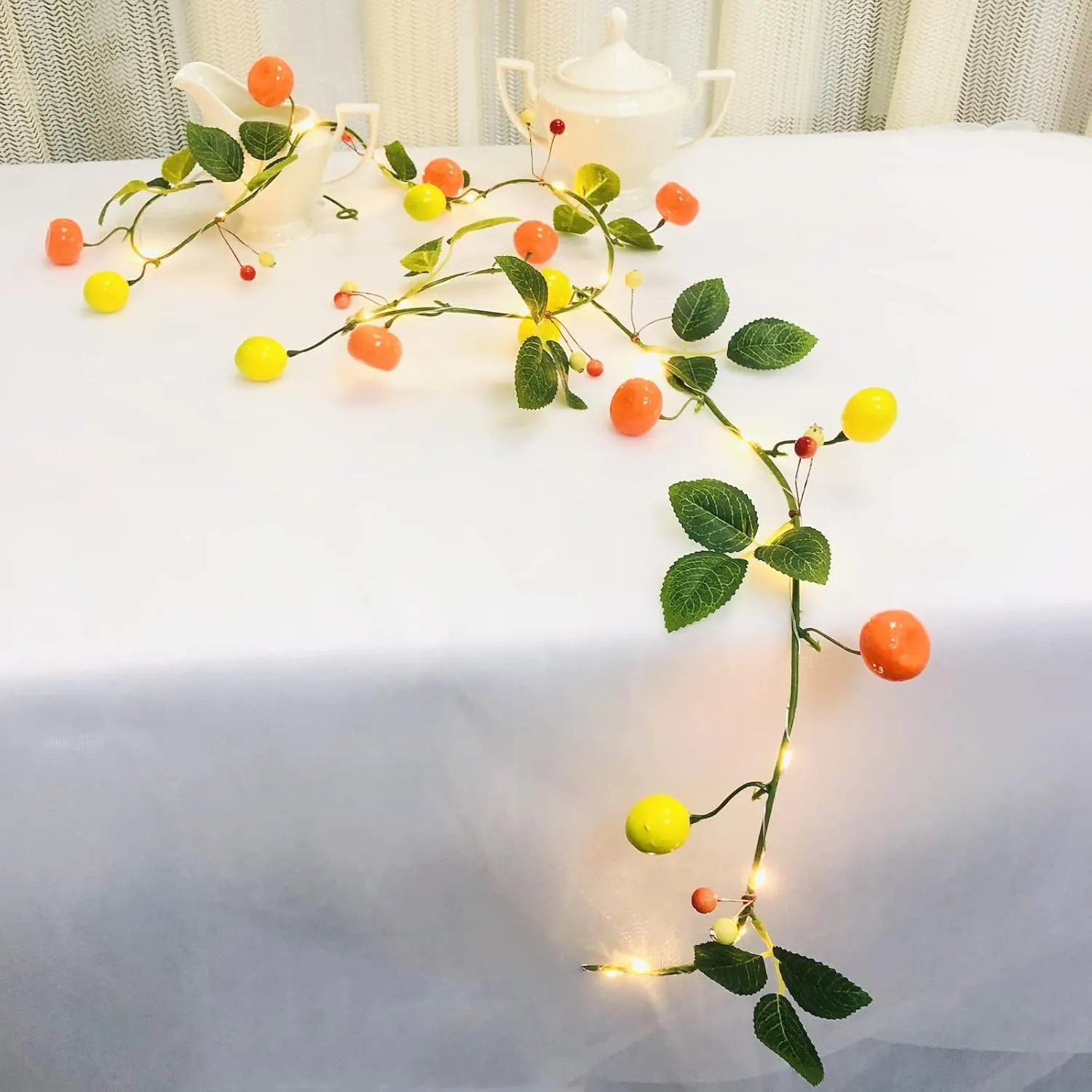 2M 20 LED Tangerine Fairy String Lights Green Leaves Berries Lemon Hanging Plant Vine Garland Battery Powered for Home Garden Wedding Party Christmas Decor (Lemon, 1)