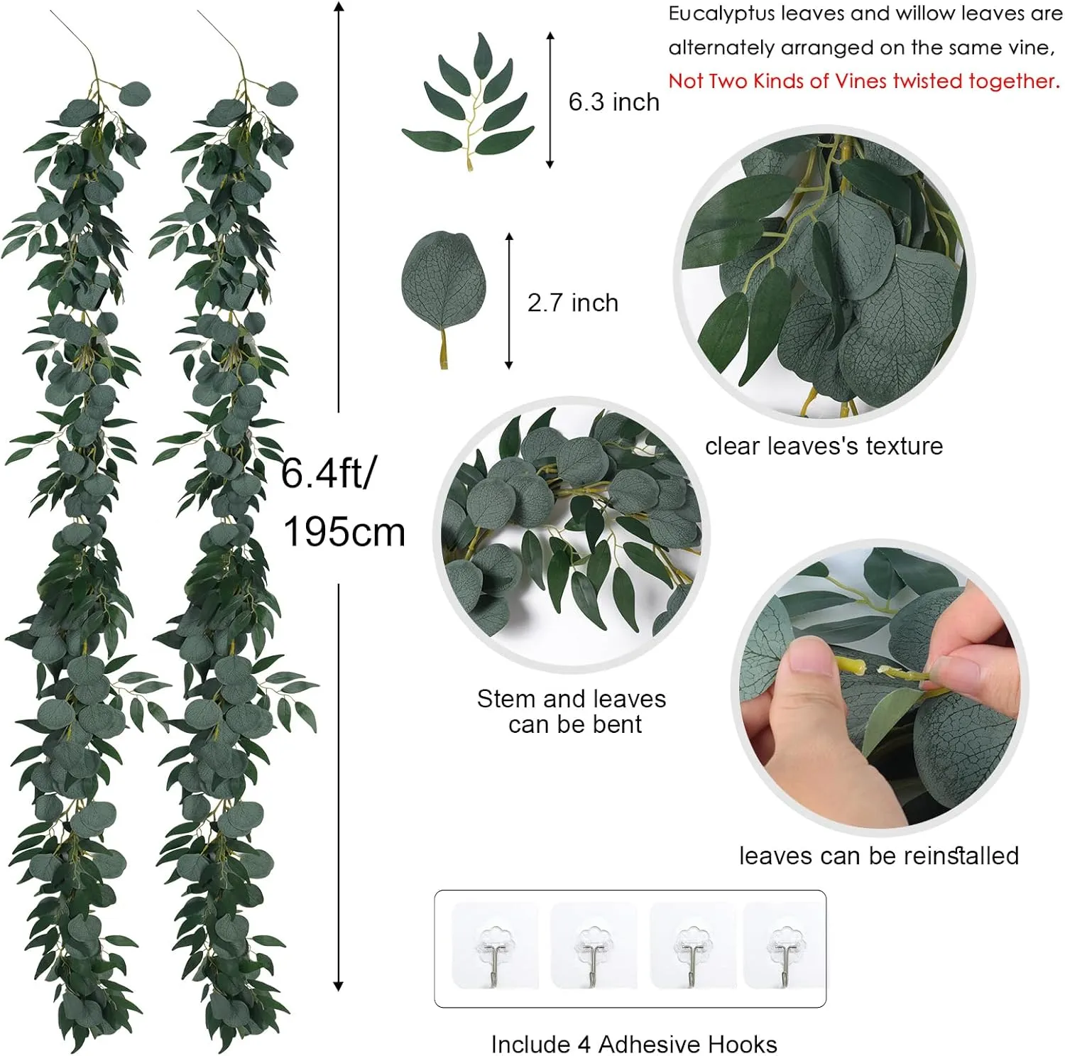 2Pack Artificial Eucalyptus Garland with Willow Leaves 6Feet Fake Hanging Plant Silk Eucalyptus Willow Leaves Ivy Garland Faux Greenery for Indoor Outdoor Wedding Party Home Table Runner Arch Decor