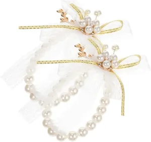 2Pcs Hand Wrist Flower Bracelets for Bride Elegant Lace Pearl Wedding Wrist Flowers Artificial Floral Accessories for Bridesmaids and Special Occasions White