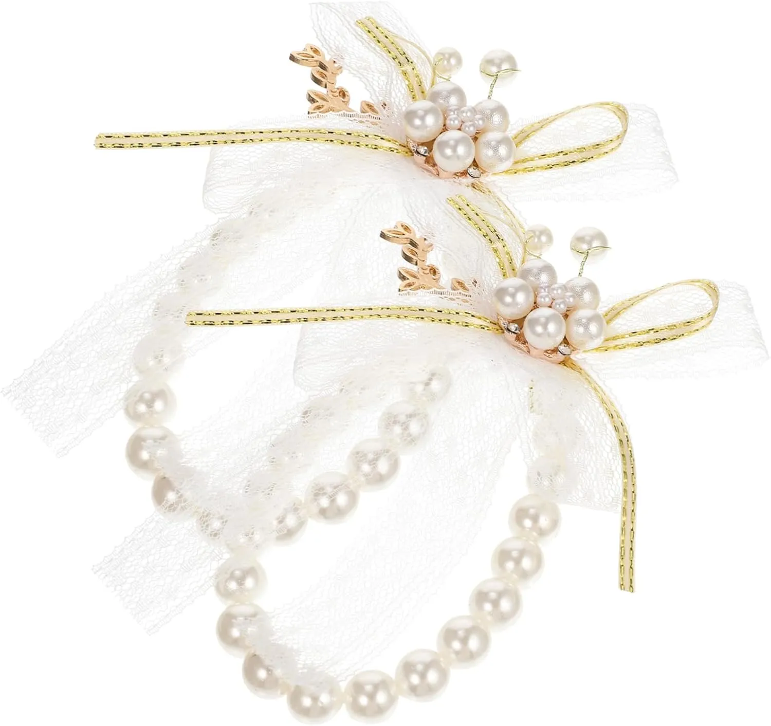 2Pcs Hand Wrist Flower Bracelets for Bride Elegant Lace Pearl Wedding Wrist Flowers Artificial Floral Accessories for Bridesmaids and Special Occasions White