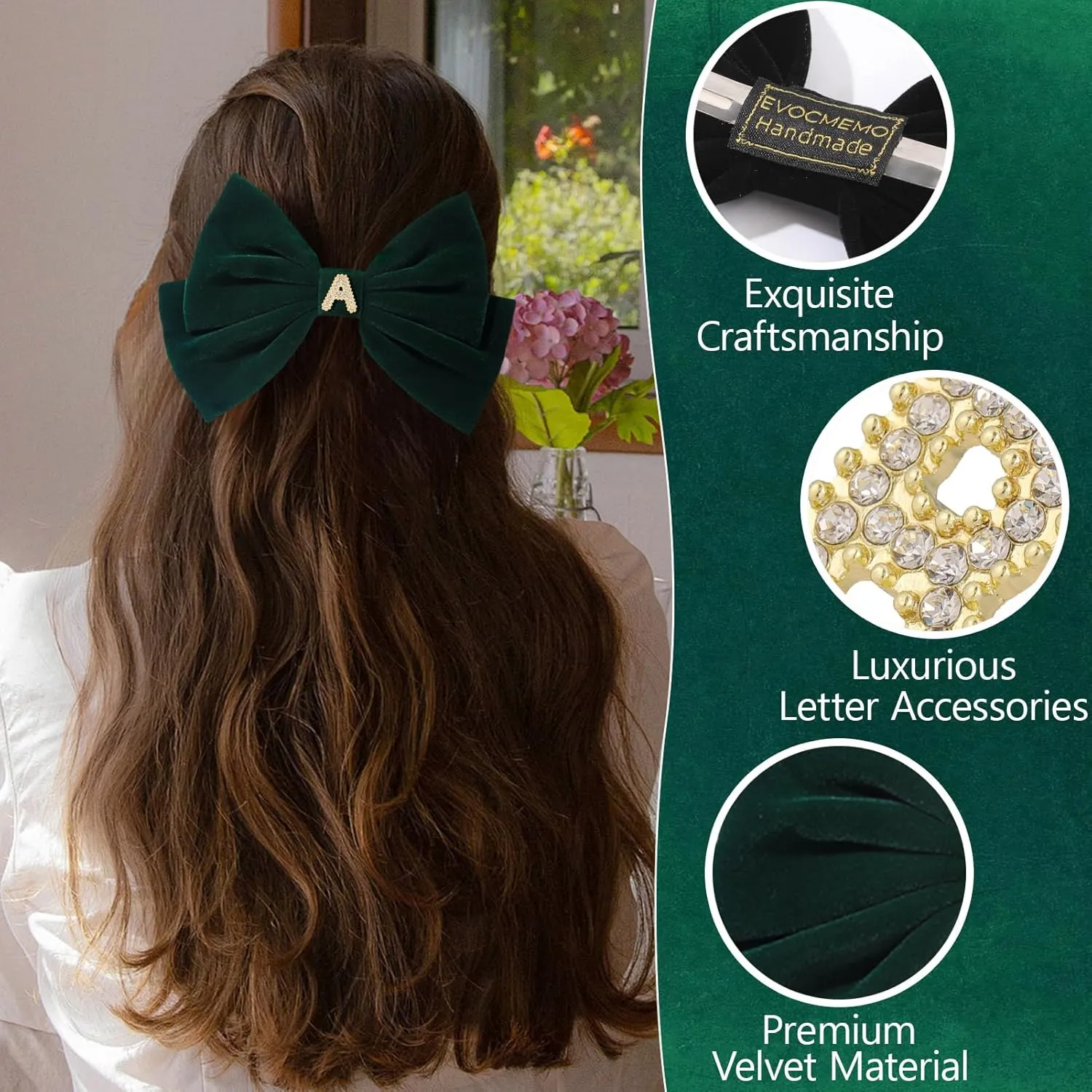 2Pcs Velvet Hair Bows Set – Burgundy & Dark Green Elegant Bow Clip & Long Ribbon Hair Clip, Personalized Hair Accessories for Women, Girls & Kids, Gift for Weddings, Birthdays, Christmas-A