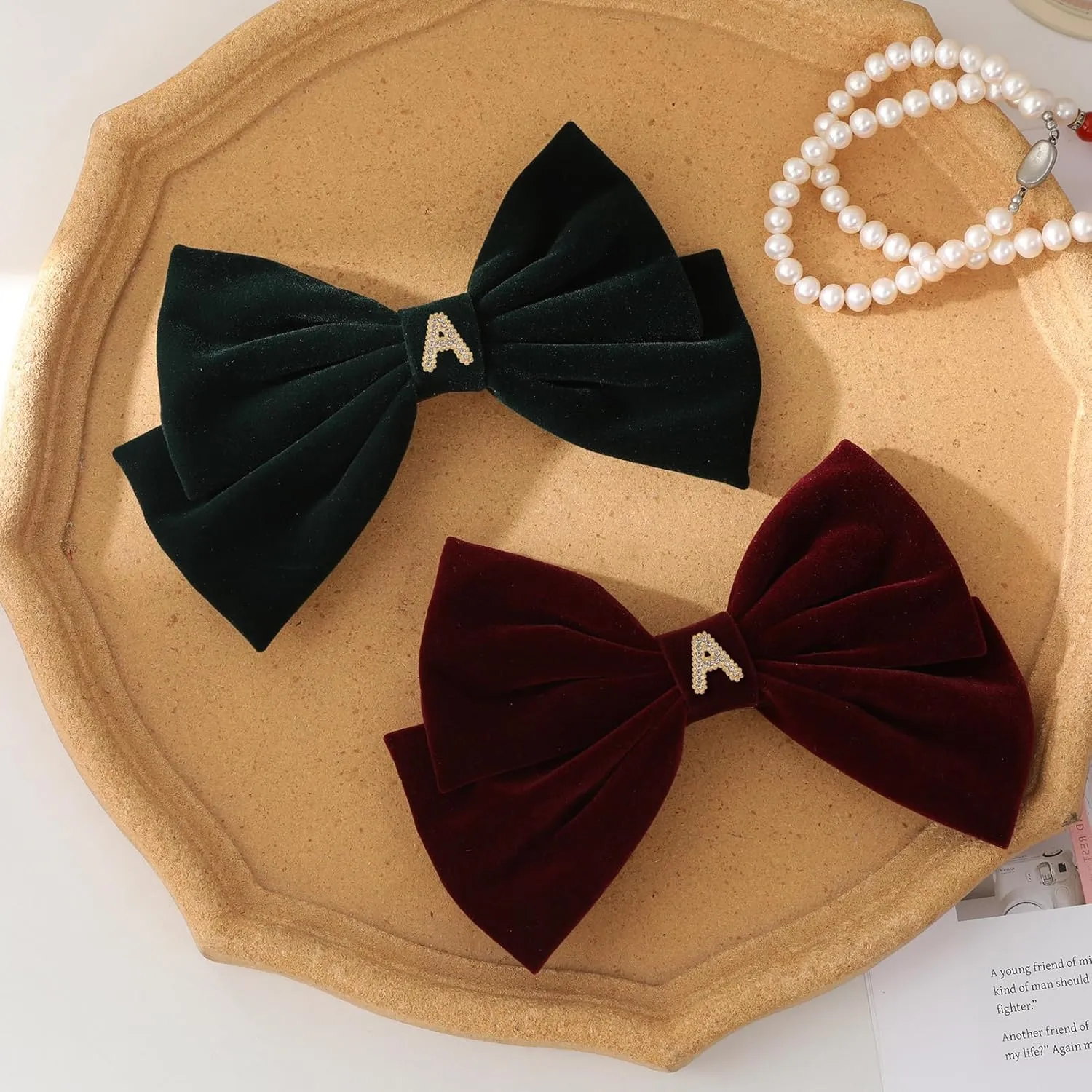 2Pcs Velvet Hair Bows Set – Burgundy & Dark Green Elegant Bow Clip & Long Ribbon Hair Clip, Personalized Hair Accessories for Women, Girls & Kids, Gift for Weddings, Birthdays, Christmas-A