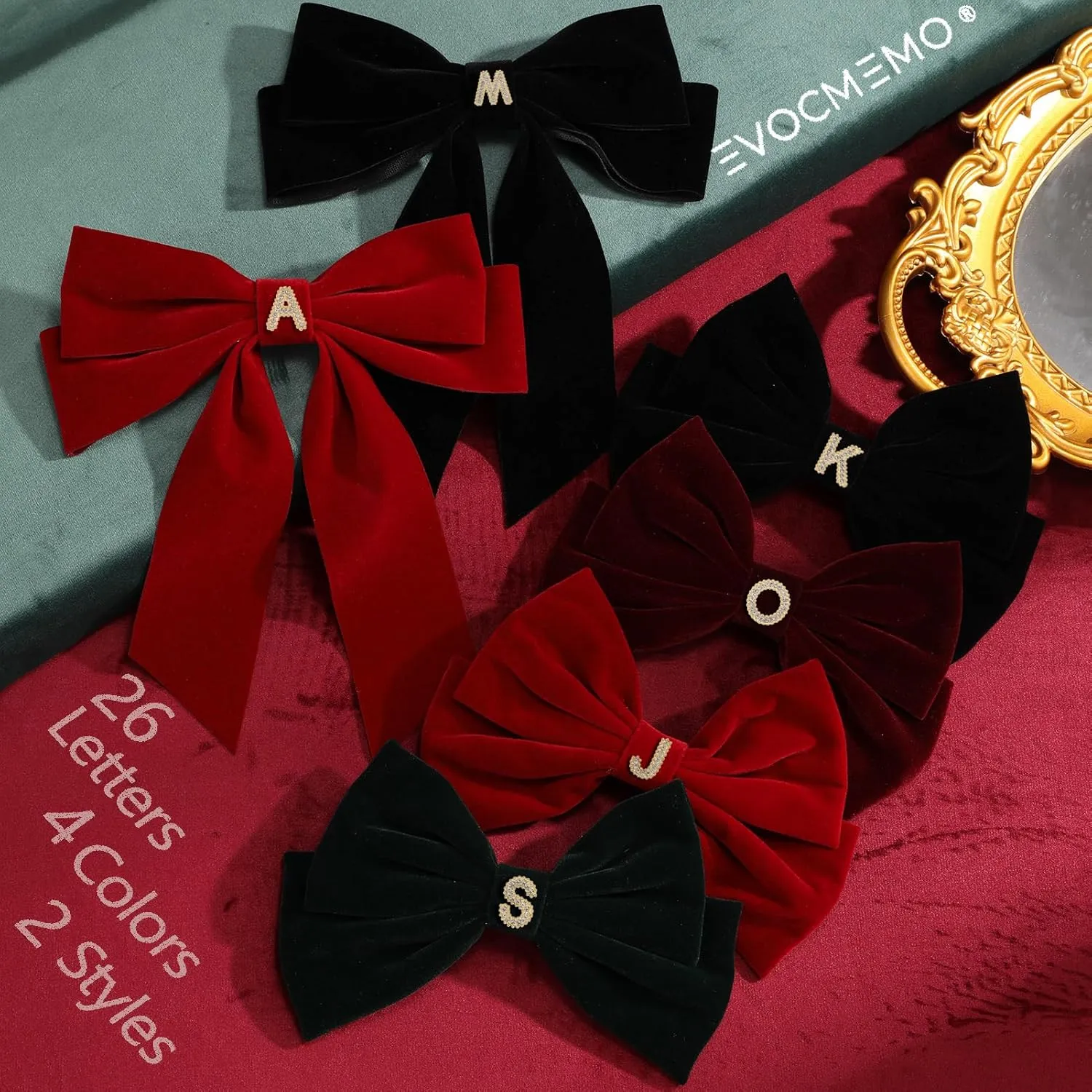 2Pcs Velvet Hair Bows Set – Burgundy & Dark Green Elegant Bow Clip & Long Ribbon Hair Clip, Personalized Hair Accessories for Women, Girls & Kids, Gift for Weddings, Birthdays, Christmas-A