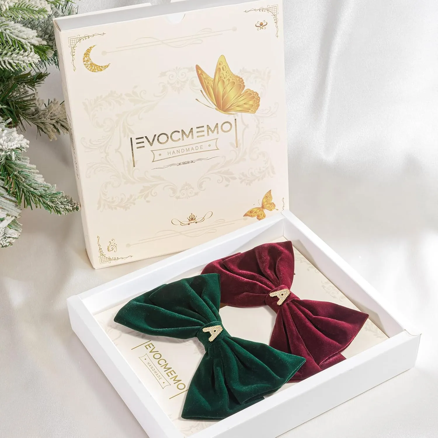2Pcs Velvet Hair Bows Set – Burgundy & Dark Green Elegant Bow Clip & Long Ribbon Hair Clip, Personalized Hair Accessories for Women, Girls & Kids, Gift for Weddings, Birthdays, Christmas-A