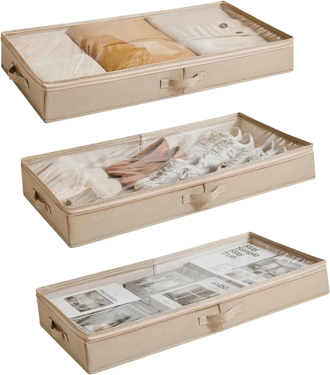 3 Pack Under Bed Storage Containers, Low Profile Underbed Shoes and Clothes Storage Organizer with Sturdy Sidewalls/Bottom, Large Dorm Storage Bins,33 * 17 * 4.5 inches,45L