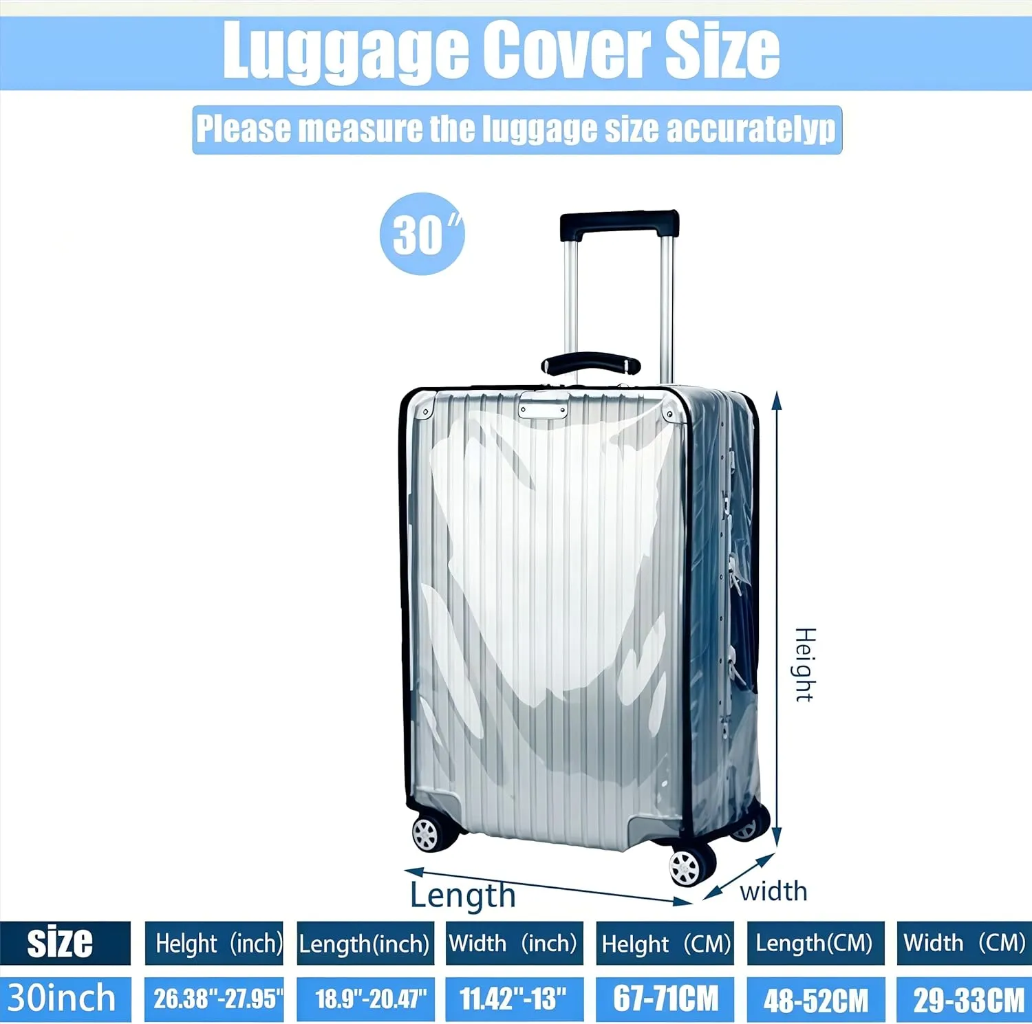 30 Inch Full Transparent Luggage Protector Cover Waterproof PVC Thicken Full Clear Suitcase Protector Cover Travel Case Suitable for 30"-31"
