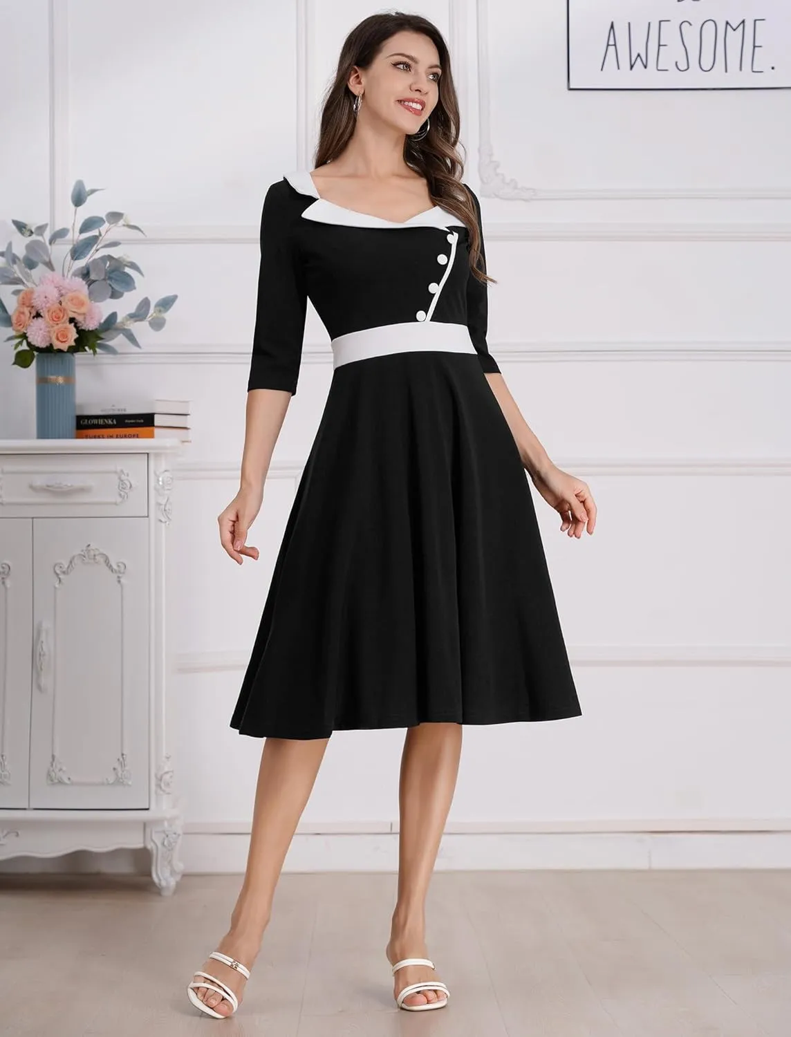 3/4 Sleeve 40s 50s Dresses for Women Vintage 1950s Cocktail Dress Square Neck Retro Rockabilly Swing 50's Style Dress