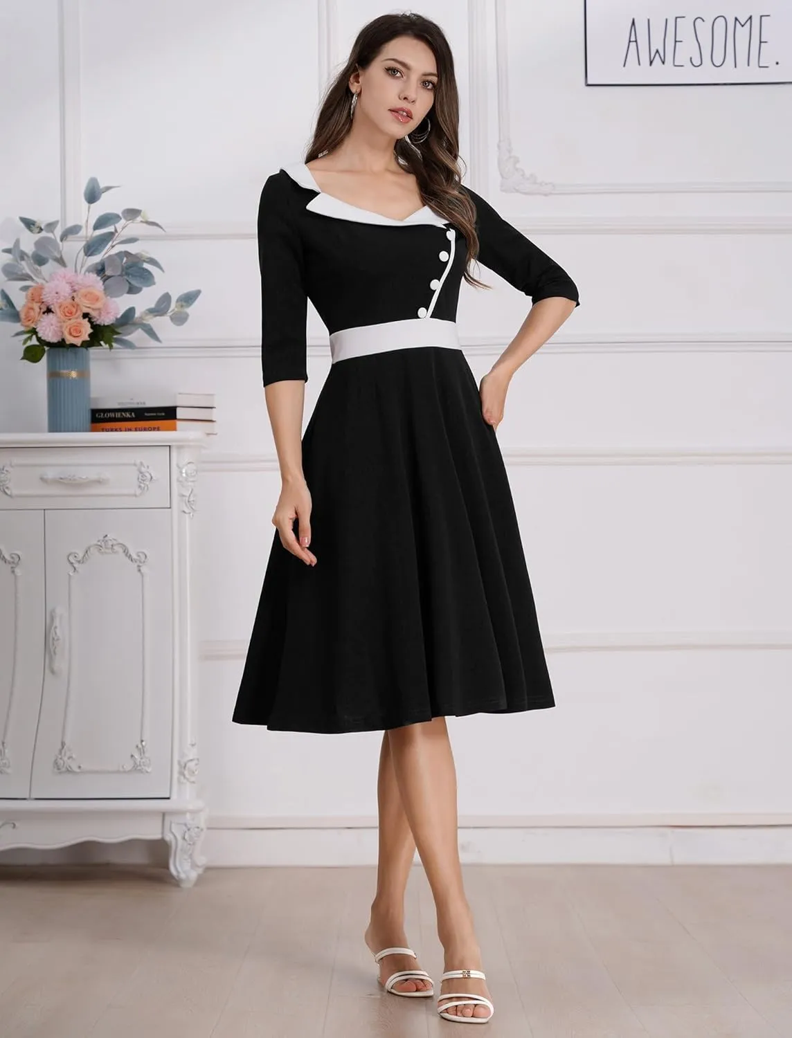 3/4 Sleeve 40s 50s Dresses for Women Vintage 1950s Cocktail Dress Square Neck Retro Rockabilly Swing 50's Style Dress