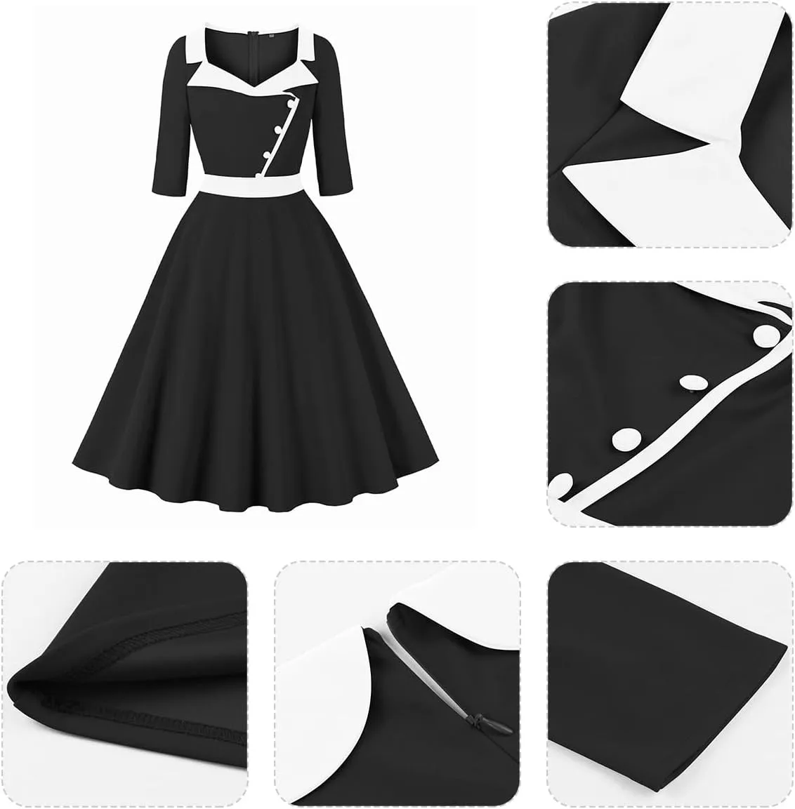 3/4 Sleeve 40s 50s Dresses for Women Vintage 1950s Cocktail Dress Square Neck Retro Rockabilly Swing 50's Style Dress