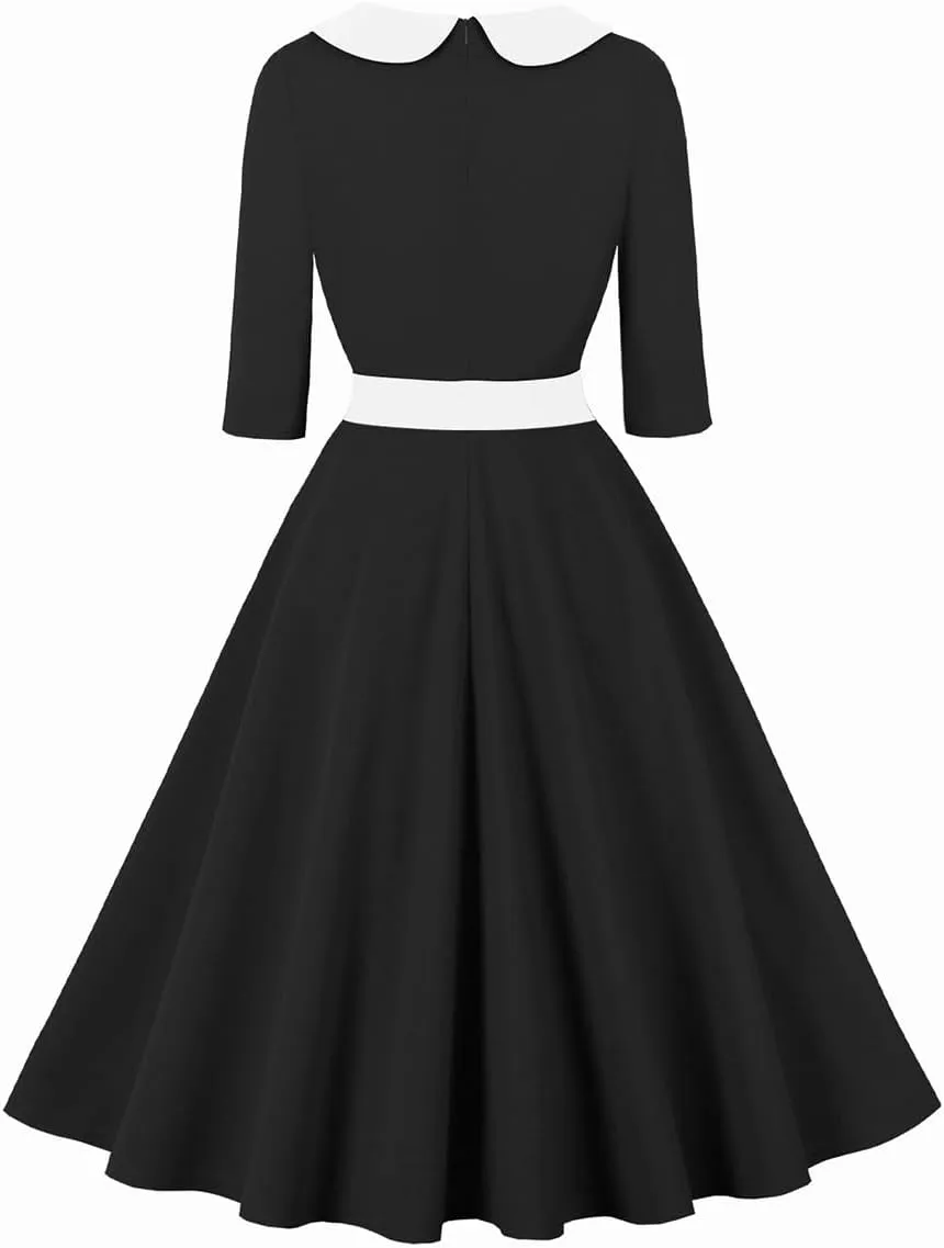 3/4 Sleeve 40s 50s Dresses for Women Vintage 1950s Cocktail Dress Square Neck Retro Rockabilly Swing 50's Style Dress