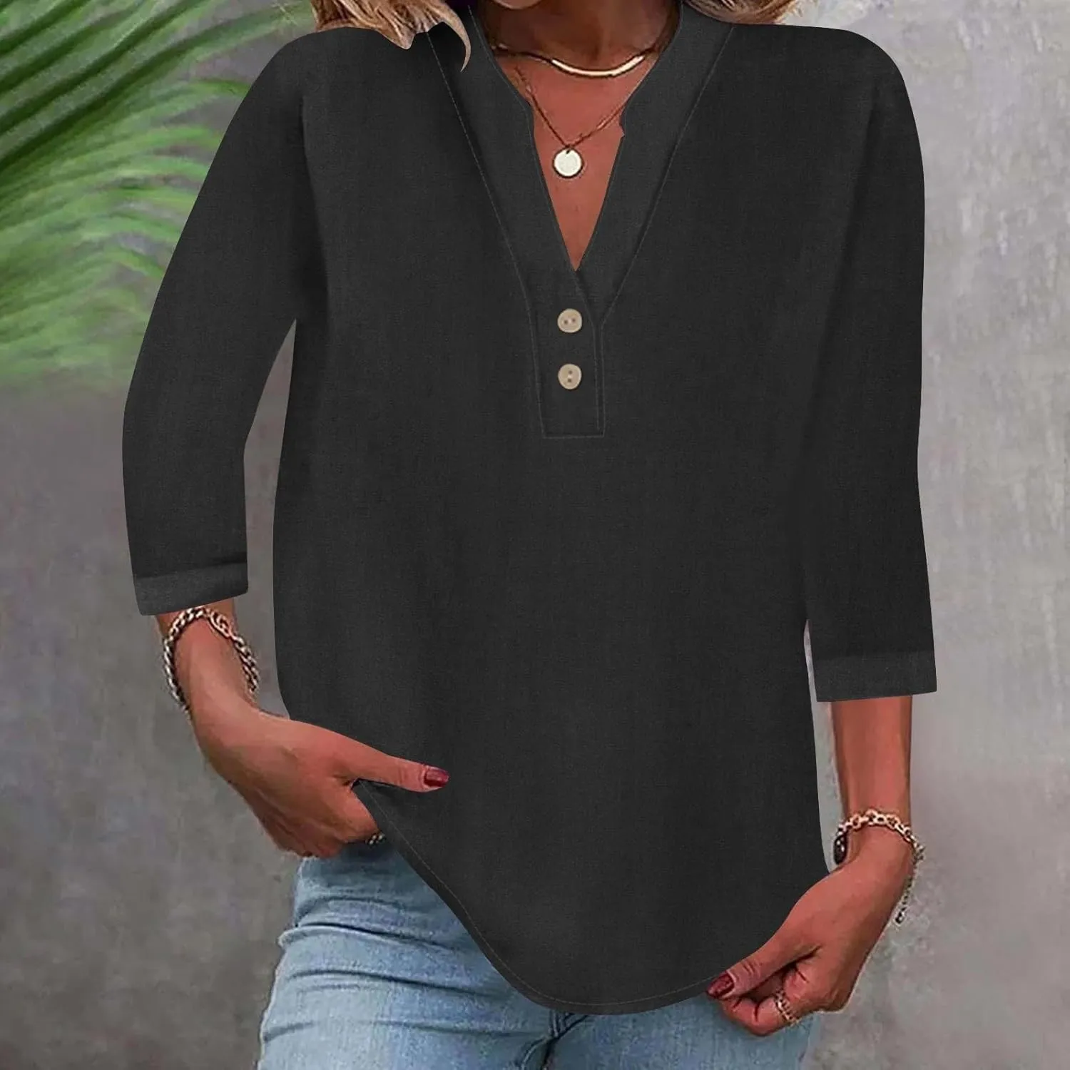 3/4 Sleeve Linen Tops for Women 2024 Loose Fit V Neck Button Down Henley Shirts Cute Solid Summer Beach Tee Shirts