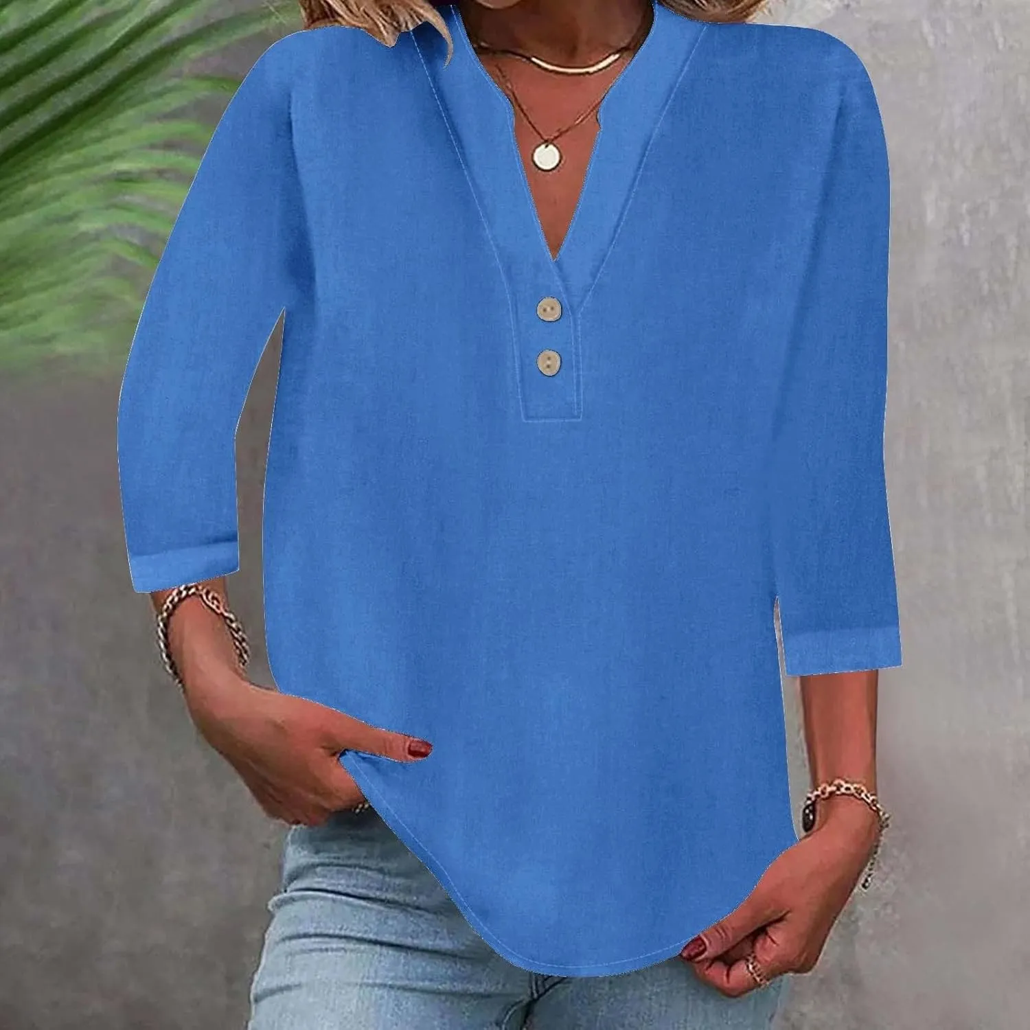 3/4 Sleeve Linen Tops for Women 2024 Loose Fit V Neck Button Down Henley Shirts Cute Solid Summer Beach Tee Shirts