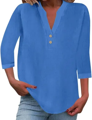 3/4 Sleeve Linen Tops for Women 2024 Loose Fit V Neck Button Down Henley Shirts Cute Solid Summer Beach Tee Shirts