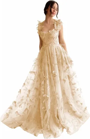 3D Butterfly Tulle Prom Dresses for Women 2025 Long Lace Applique Ball Gown Formal Evening Party Gown with Slit