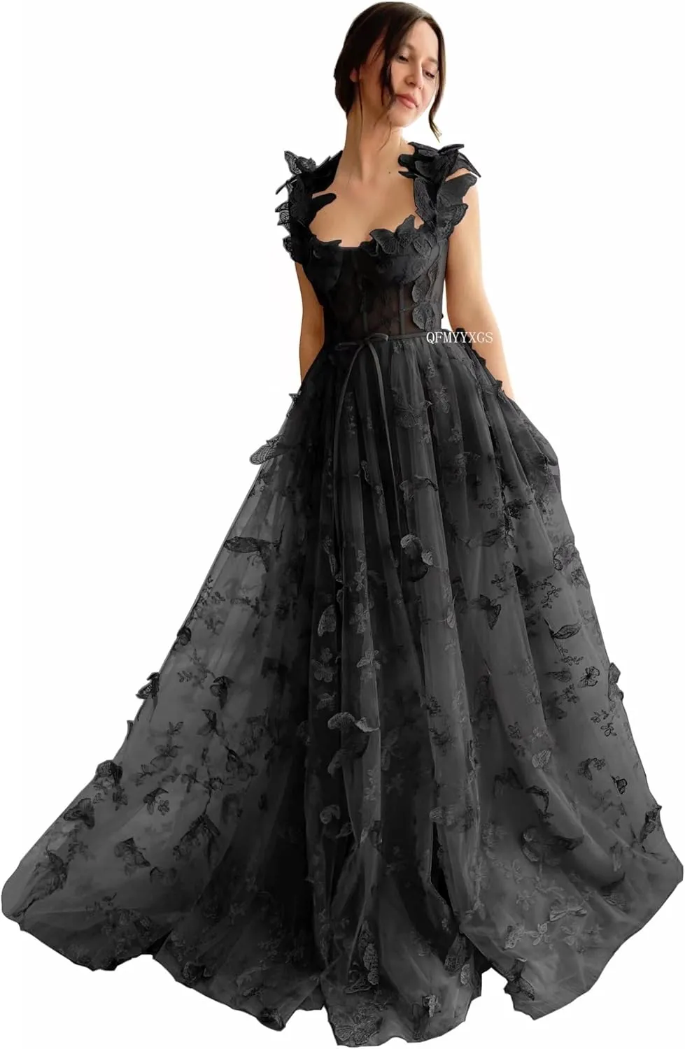 3D Butterfly Tulle Prom Dresses for Women 2025 Long Lace Applique Ball Gown Formal Evening Party Gown with Slit