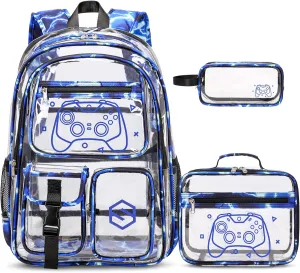 3PCS Cool Luminous Clear Backpack for Boys Kids, Gamer Clear Bookbag for School, See Through PVC Transparent Backpacks with Lunch Bag Pencil Case, Clear Backpack Heavy Duty for School Stadium