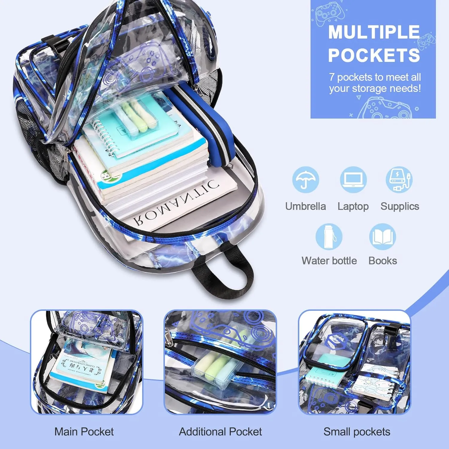 3PCS Cool Luminous Clear Backpack for Boys Kids, Gamer Clear Bookbag for School, See Through PVC Transparent Backpacks with Lunch Bag Pencil Case, Clear Backpack Heavy Duty for School Stadium