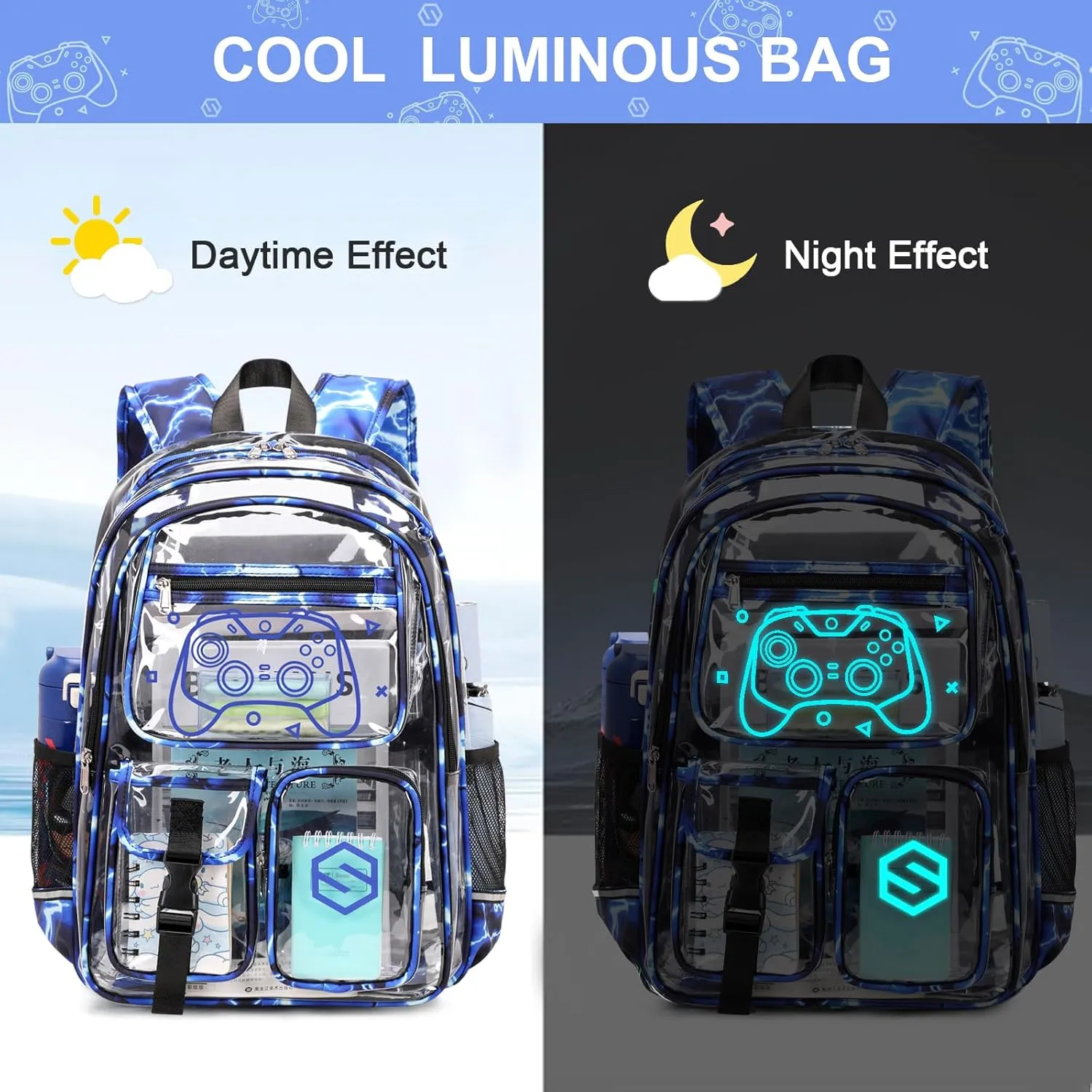 3PCS Cool Luminous Clear Backpack for Boys Kids, Gamer Clear Bookbag for School, See Through PVC Transparent Backpacks with Lunch Bag Pencil Case, Clear Backpack Heavy Duty for School Stadium