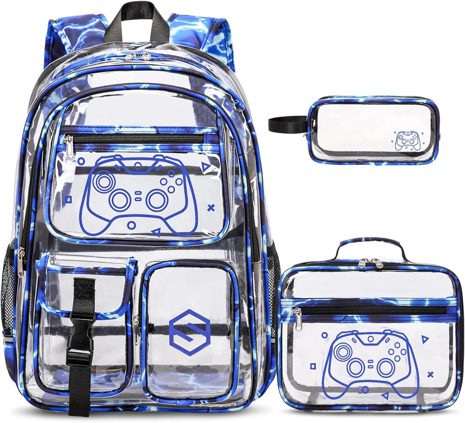 3PCS Cool Luminous Clear Backpack for Boys Kids, Gamer Clear Bookbag for School, See Through PVC Transparent Backpacks with Lunch Bag Pencil Case, Clear Backpack Heavy Duty for School Stadium