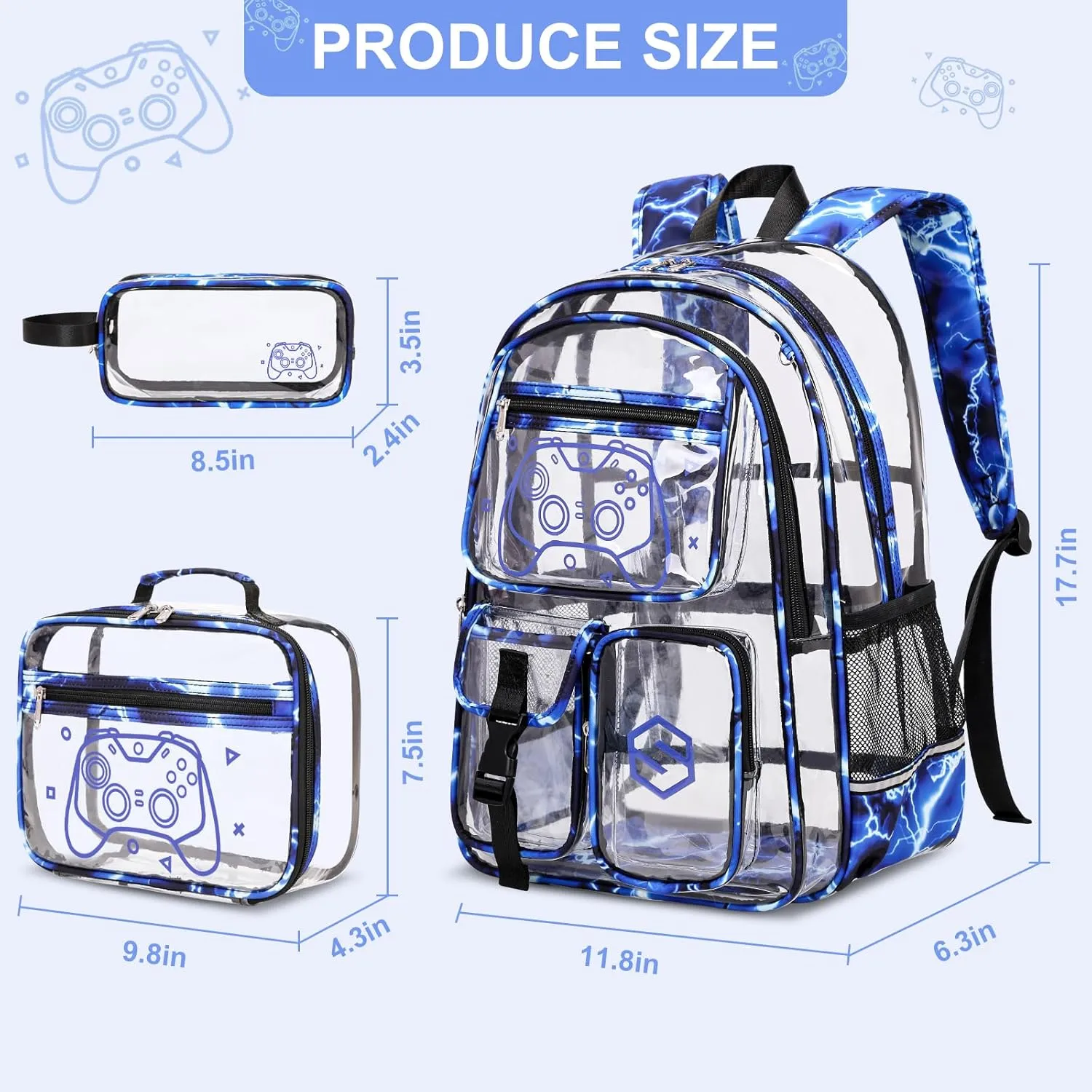 3PCS Cool Luminous Clear Backpack for Boys Kids, Gamer Clear Bookbag for School, See Through PVC Transparent Backpacks with Lunch Bag Pencil Case, Clear Backpack Heavy Duty for School Stadium