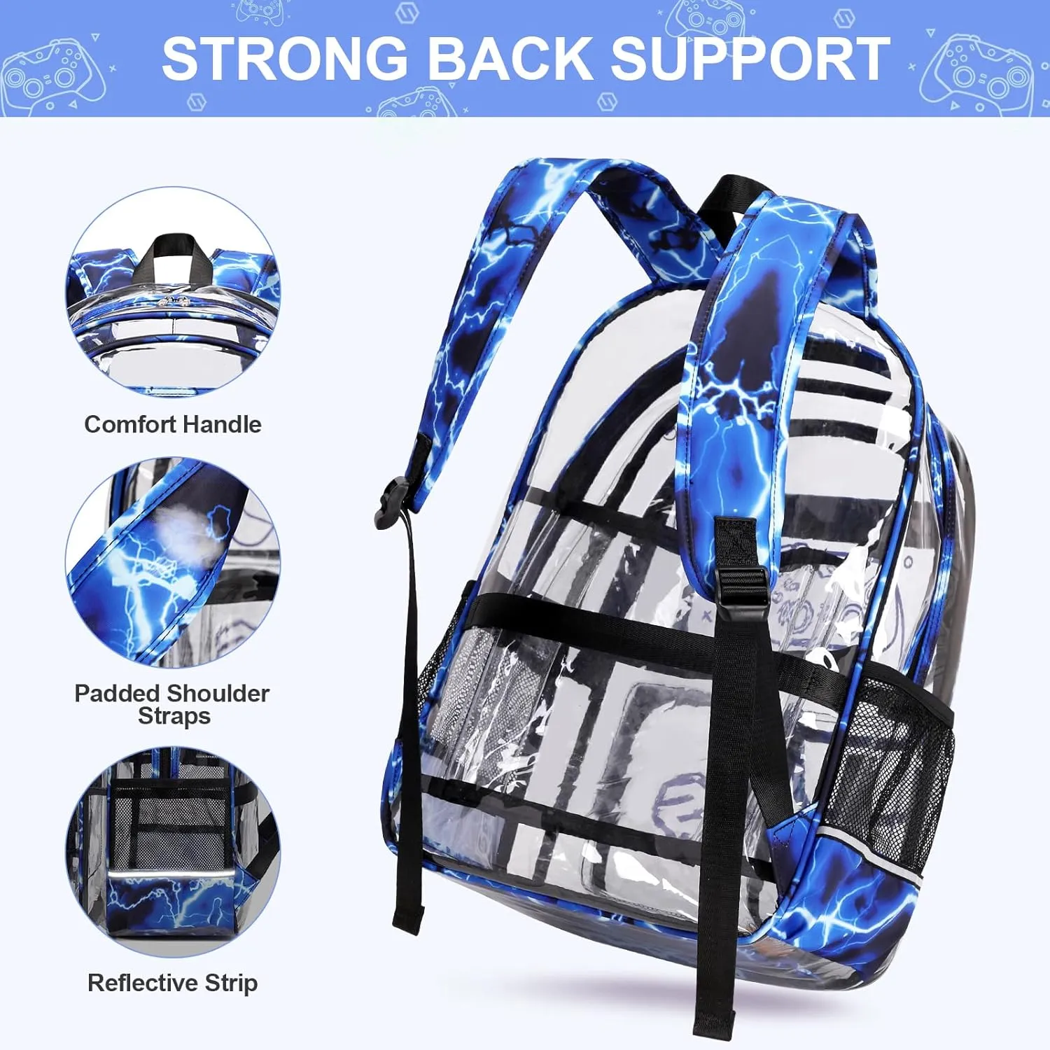 3PCS Cool Luminous Clear Backpack for Boys Kids, Gamer Clear Bookbag for School, See Through PVC Transparent Backpacks with Lunch Bag Pencil Case, Clear Backpack Heavy Duty for School Stadium