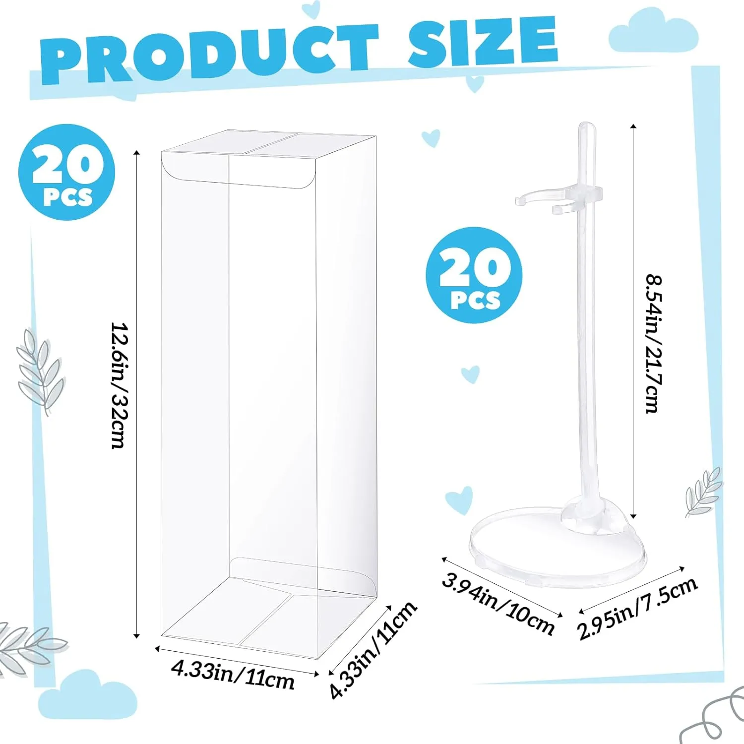40 Pcs Doll Display Stands with Gift Boxes Action Figure Stands for 9 to 12 Inch Dolls Adjustable Waist Clip Holder for Home Shop Birthday Party Favor, Transparent