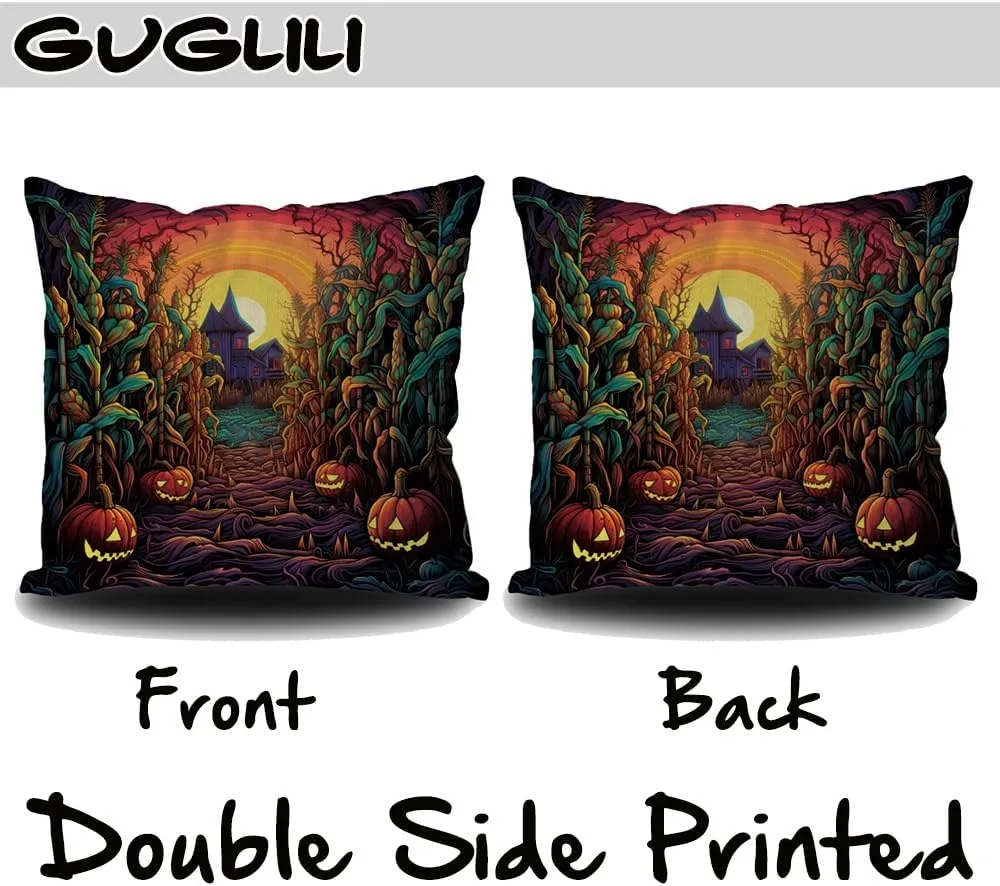 4Pcs Halloween Throw Pillow Covers 18x18 Inch Menacing Haunted Halloween Carnival Throw Pillow Case Linen Square Cushion Covers for Horror Theme Party Decor Living Room Decor