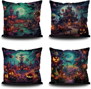 4Pcs Halloween Throw Pillow Covers 18x18 Inch Menacing Haunted Halloween Carnival Throw Pillow Case Linen Square Cushion Covers for Horror Theme Party Decor Living Room Decor