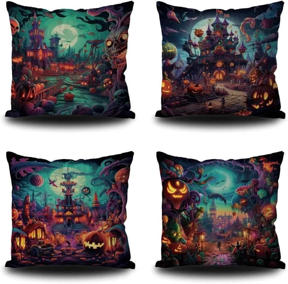 4Pcs Halloween Throw Pillow Covers 18x18 Inch Menacing Haunted Halloween Carnival Throw Pillow Case Linen Square Cushion Covers for Horror Theme Party Decor Living Room Decor