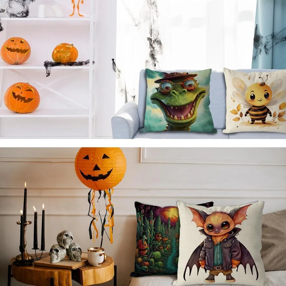 4Pcs Halloween Throw Pillow Covers 18x18 Inch Menacing Haunted Halloween Carnival Throw Pillow Case Linen Square Cushion Covers for Horror Theme Party Decor Living Room Decor