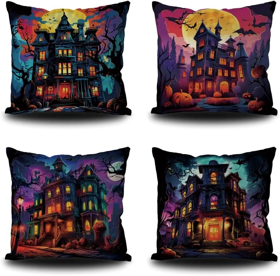 4Pcs Halloween Throw Pillow Covers 18x18 Inch Menacing Haunted Halloween Haunted Hotel Throw Pillow Case Linen Square Cushion Covers for Horror Theme Party Decor Living Room Decor