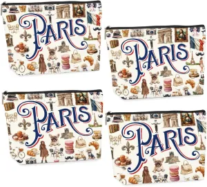 4PCS Paris Souvenirs from France Paris Gifts Makeup Bag Cosmetic Bag for Women Friend Lady Sister Bestie Paris Travel Lover Weekend Bag Vacation Christmas Birthday Friendship