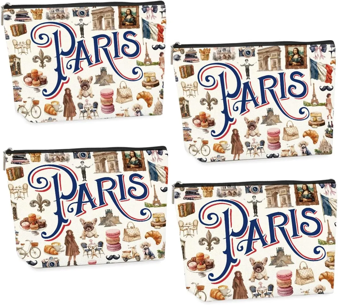 4PCS Paris Souvenirs from France Paris Gifts Makeup Bag Cosmetic Bag for Women Friend Lady Sister Bestie Paris Travel Lover Weekend Bag Vacation Christmas Birthday Friendship