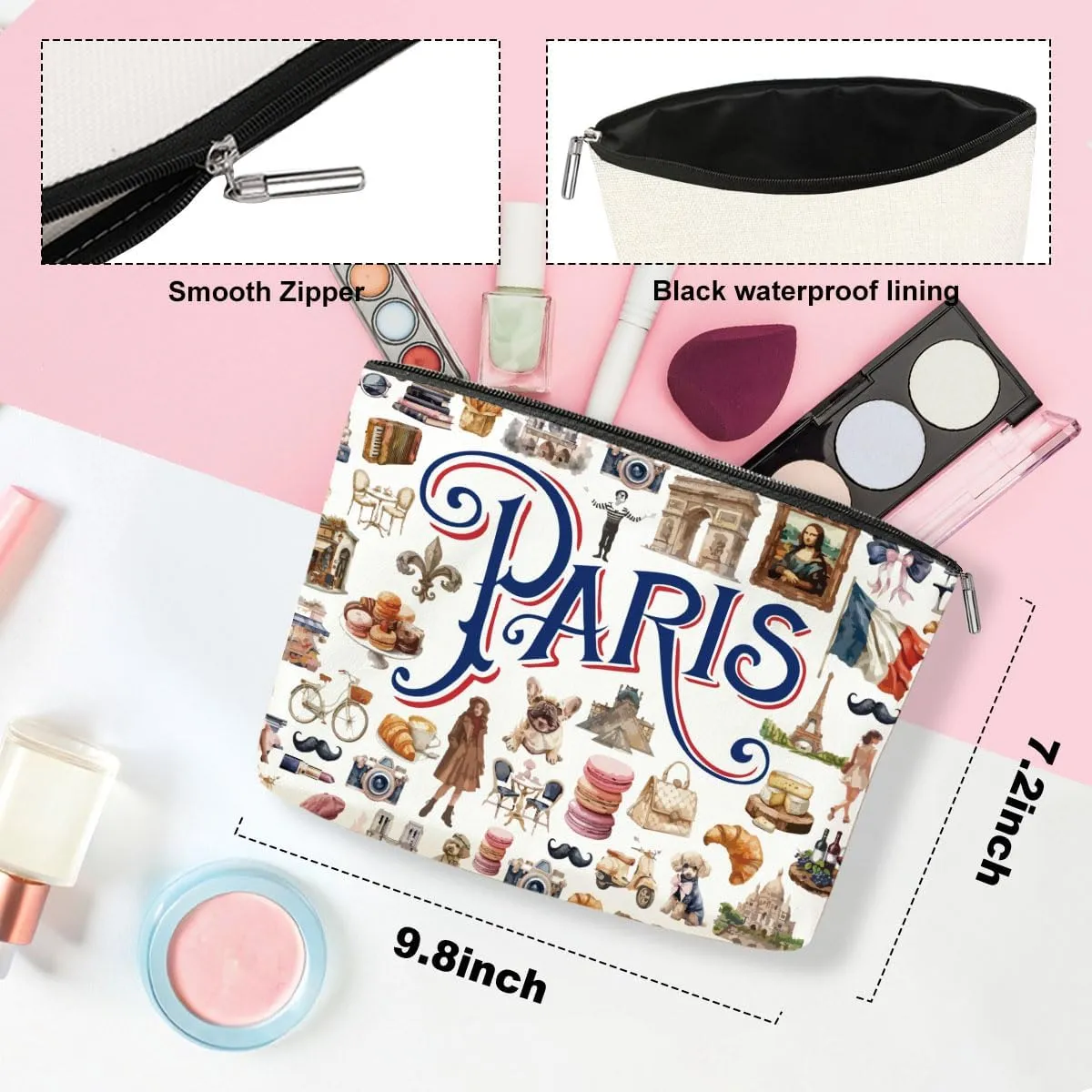 4PCS Paris Souvenirs from France Paris Gifts Makeup Bag Cosmetic Bag for Women Friend Lady Sister Bestie Paris Travel Lover Weekend Bag Vacation Christmas Birthday Friendship