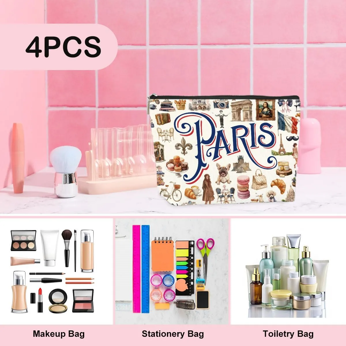 4PCS Paris Souvenirs from France Paris Gifts Makeup Bag Cosmetic Bag for Women Friend Lady Sister Bestie Paris Travel Lover Weekend Bag Vacation Christmas Birthday Friendship