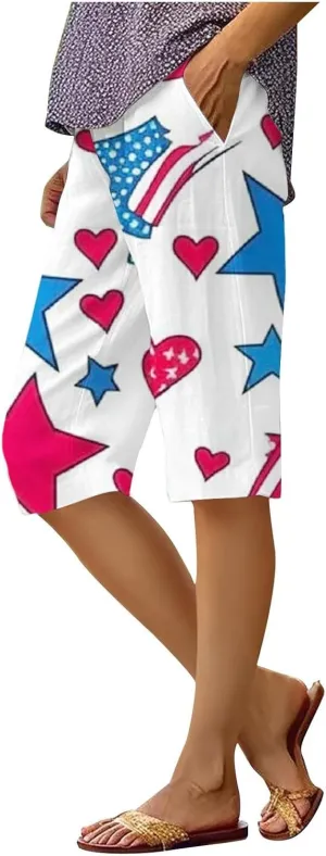 4th of July Linen Pants Women 2025 Summer Patriotic Cotton Linen Capri Shorts Lightweight American Flag Short Pants
